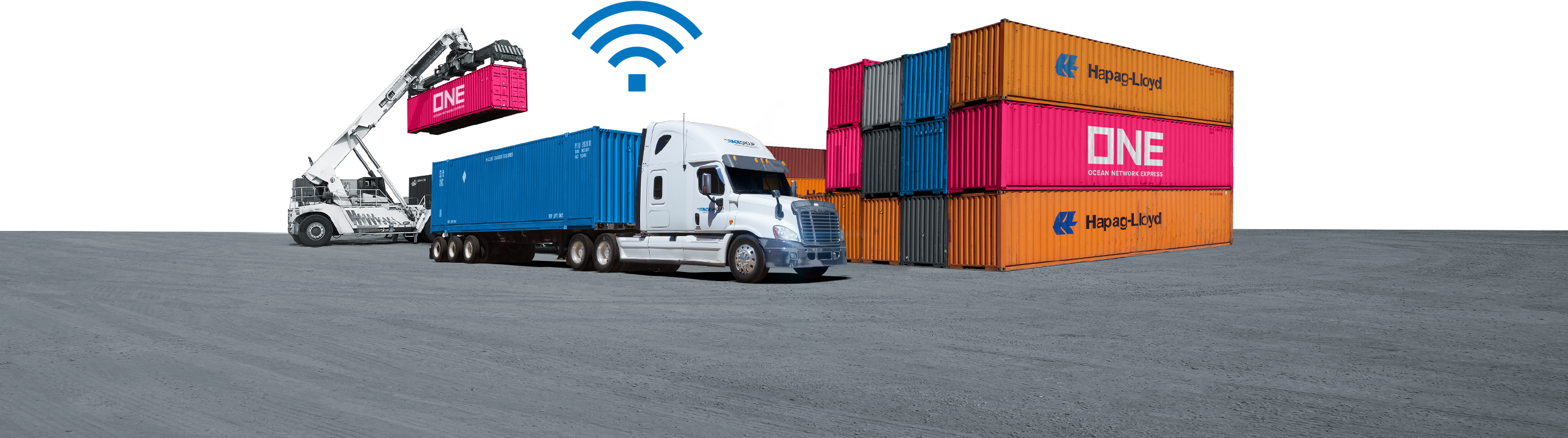 Hyster container lifter and transport truck in a container storage yard with a WIFI signal icon above the truck